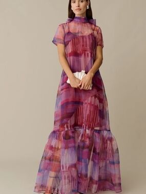 Few Moda Caara Sheer Pink & Purple Printed High-Neck Maxi Dress